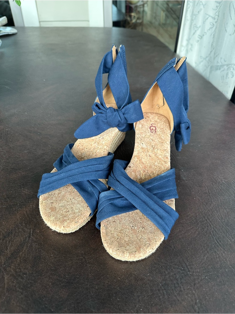 UGG Navy Fabric Cork Wedge Sandals with Ankle Tie